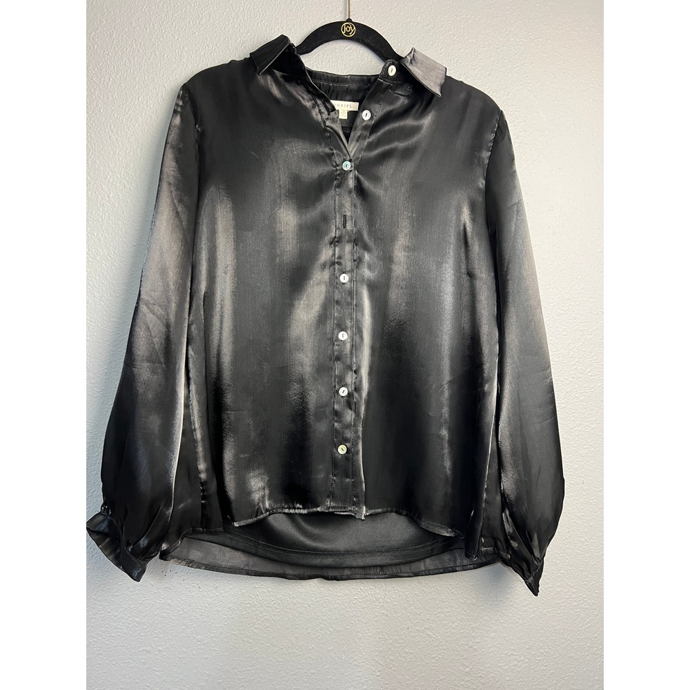 Jodifl Md Black Satin Button Down Blouse Long Sleeve High-Low Hem Top Whimsigoth